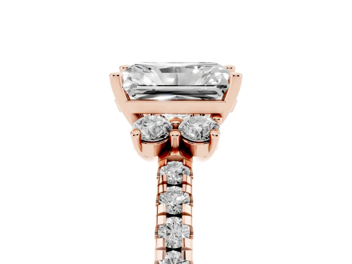 Radiant Cut Diamond Three-Stone Pave Band with Four-Prong Setting Rose gold