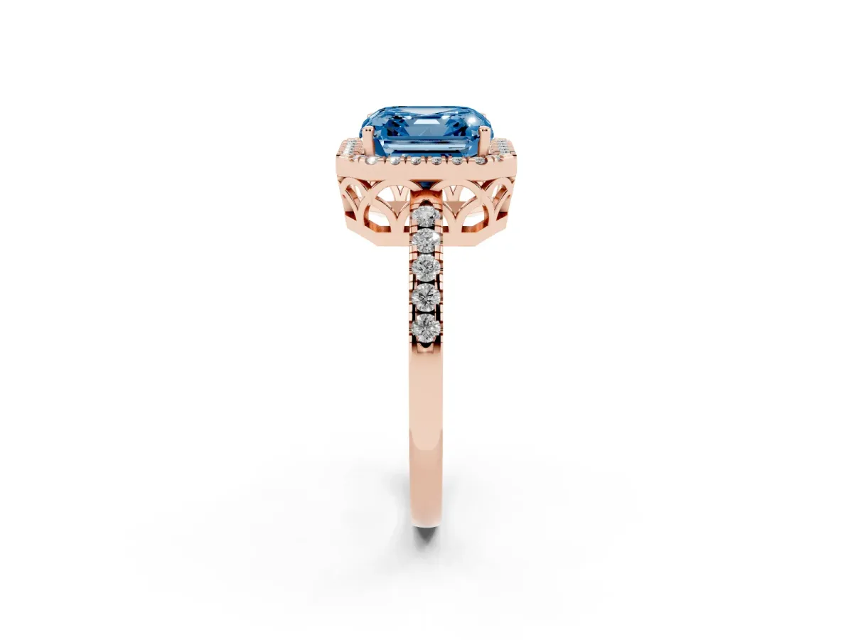 Fancy Blue Asscher Cut Halo Diamond Engagement Ring with Pavé Band and Four-Prong Setting Rose gold