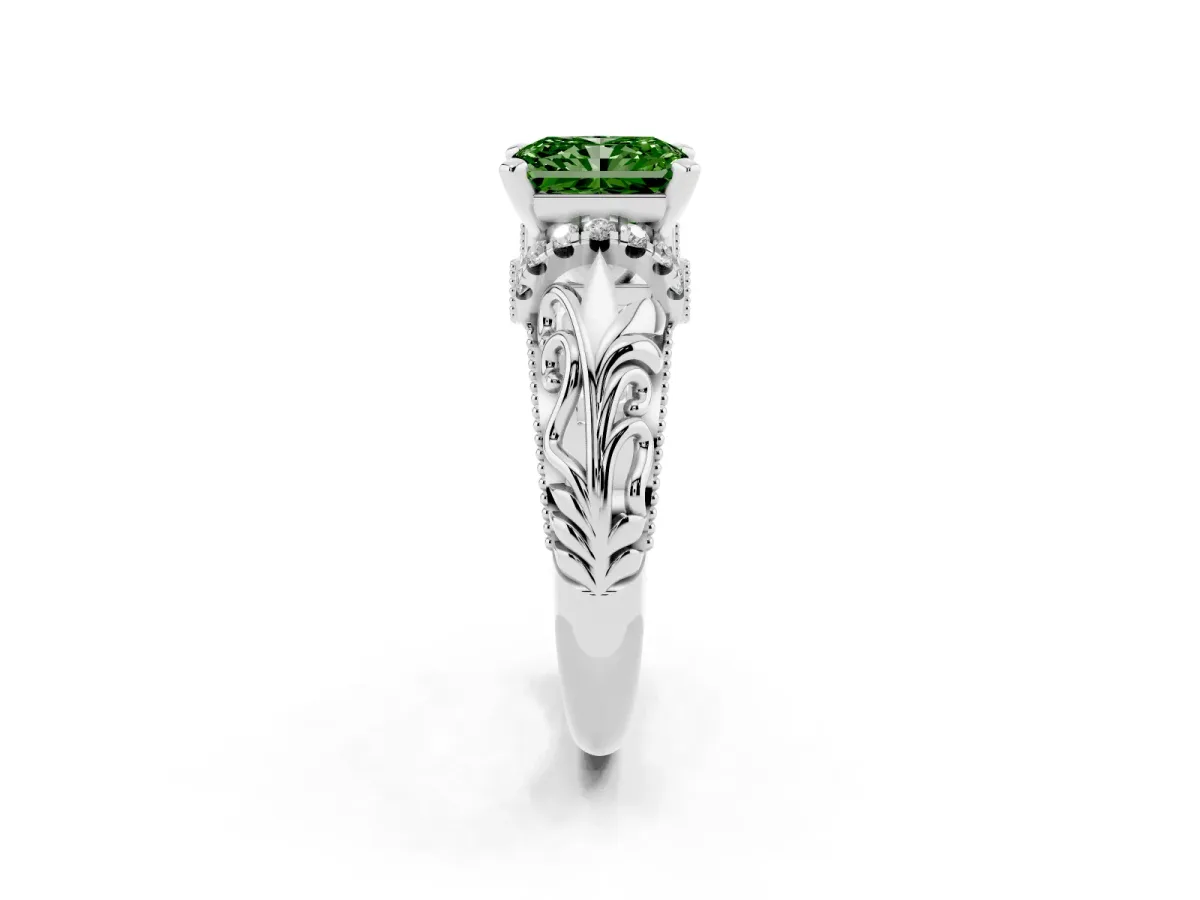 Fancy Green Radiant Cut Solitaire Filigree Engagement Ring with Halo and Prong Setting White gold