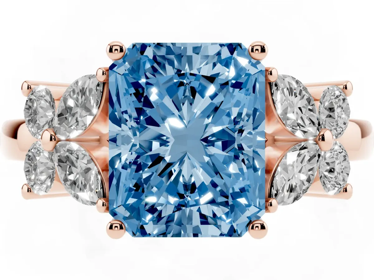 Fancy Blue Radiant Cut Diamond Floral Cluster Ring with Solitaire Band and Prong Setting Rose gold