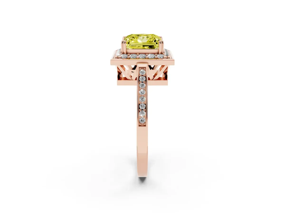 Fancy Yellow Princess Cut Diamond Halo Ring with Split Shank and Four-Prong Setting Rose gold