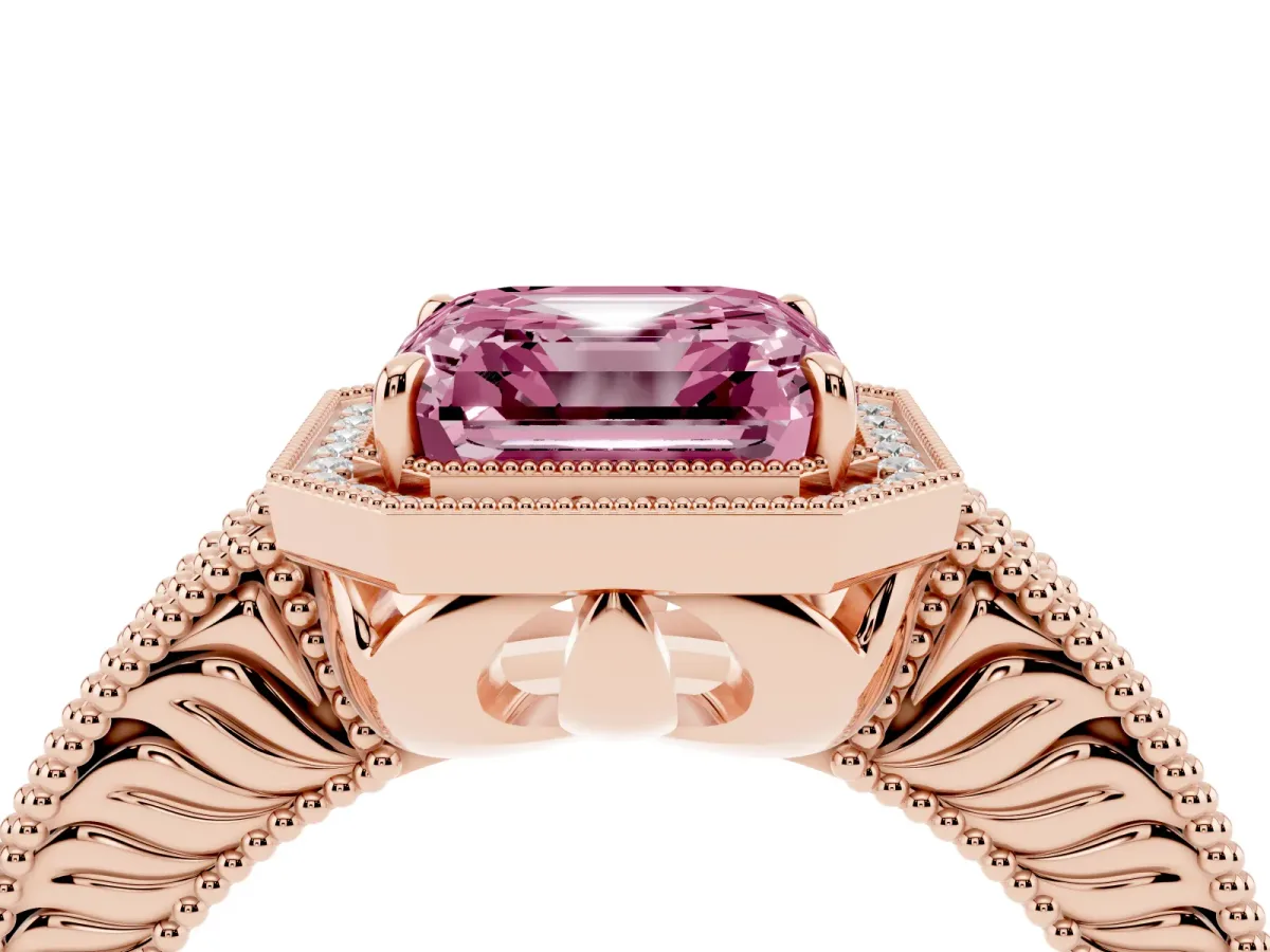Fancy Pink Asscher Cut Cut Halo Diamond Ring with Pavé Band and Four-Prong Setting Rose gold