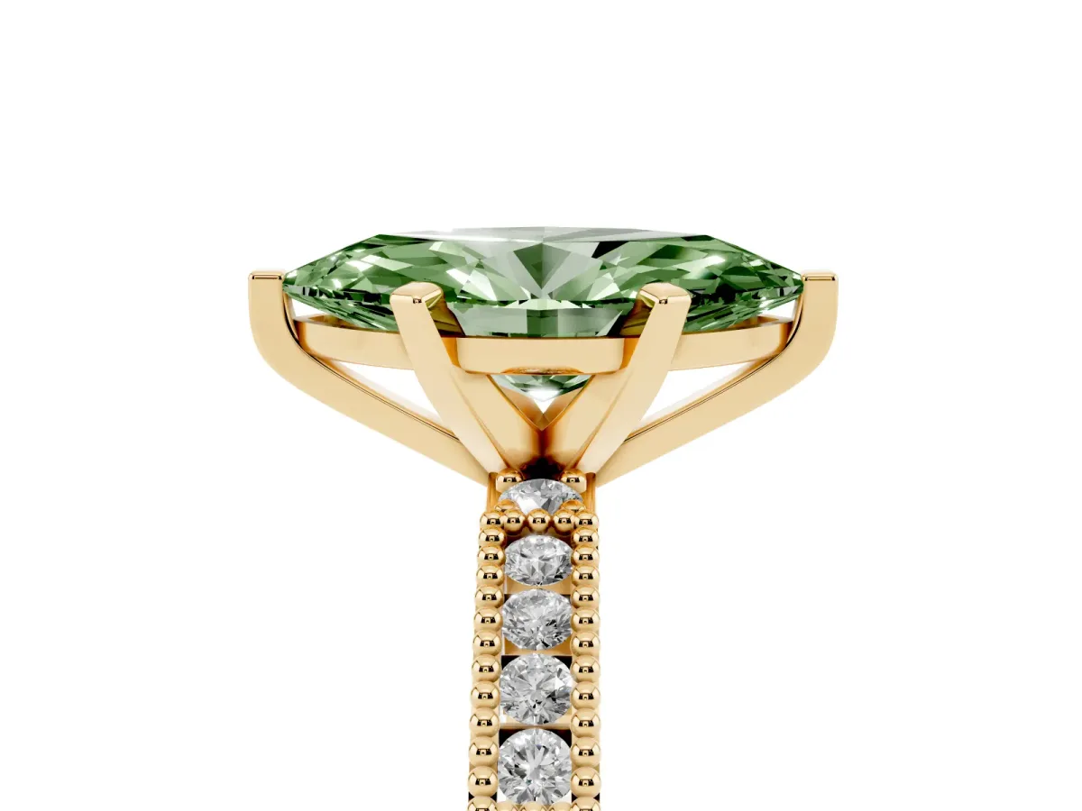 Fancy Green Marquise Cut Solitaire with Pavé Band and Four-Prong Setting Yellow gold
