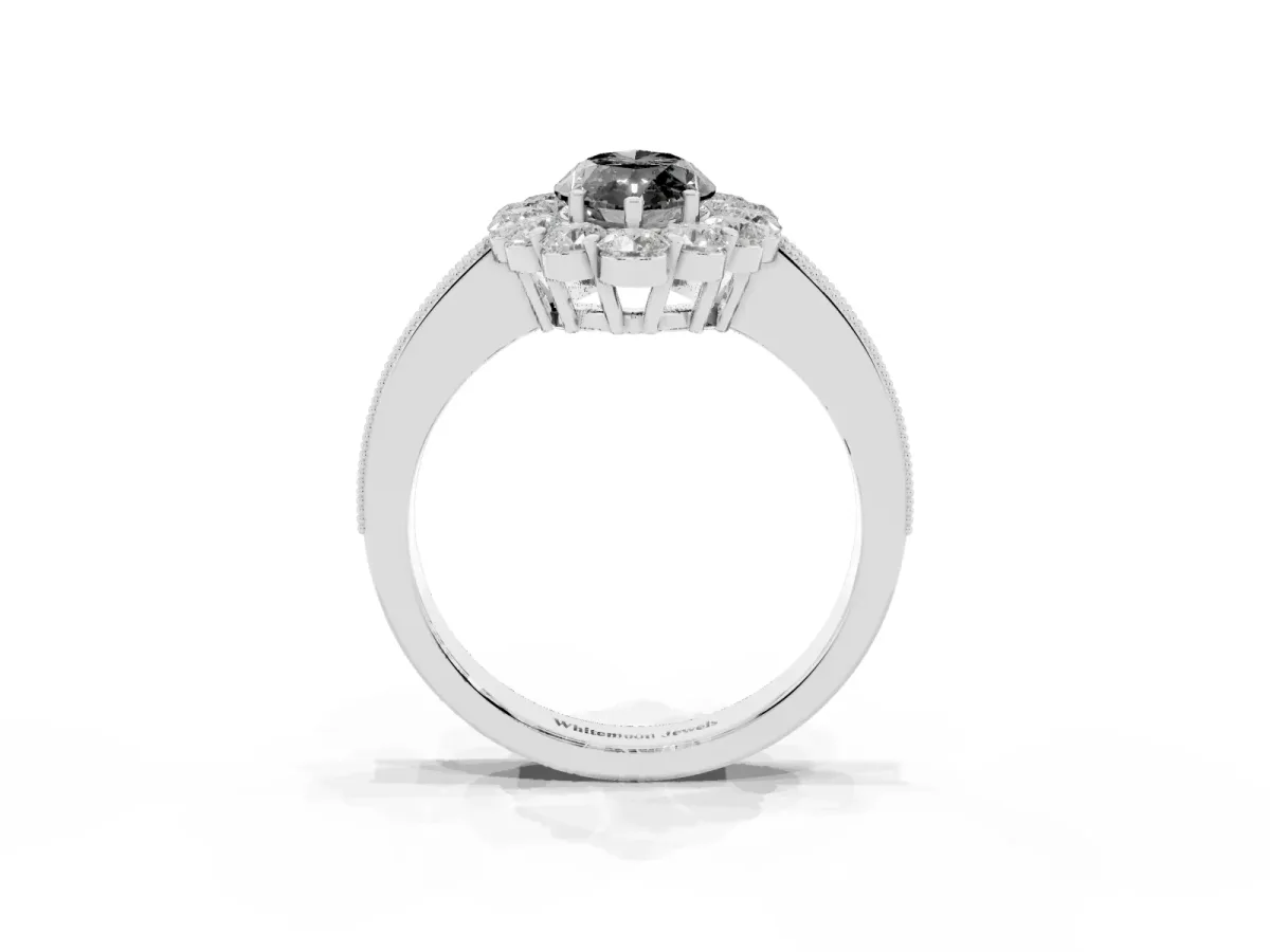 Fancy Black Marquise Cut Cut Halo Diamond Pavé Engagement Ring with Milgrain Detailing Silver