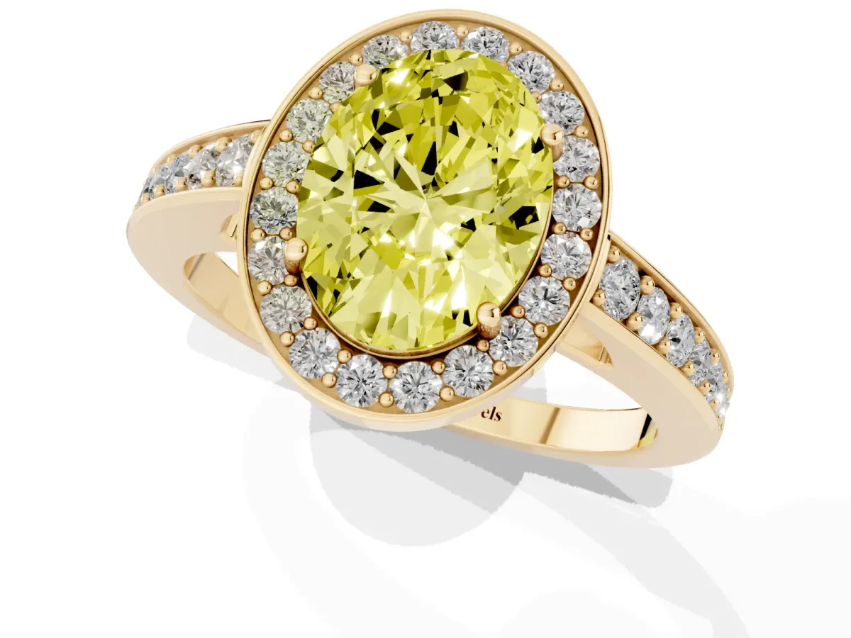 Fancy Yellow Oval Cut Halo Pavé Diamond Engagement Ring with Bezel Setting Yellow gold