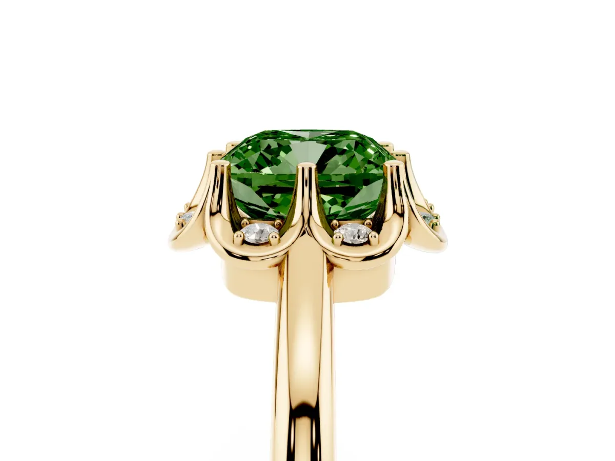 Fancy Green Cushion Cut Halo Diamond Ring with Round Cluster Setting, Solitaire Band, and Four-Prong Setting Yellow gold