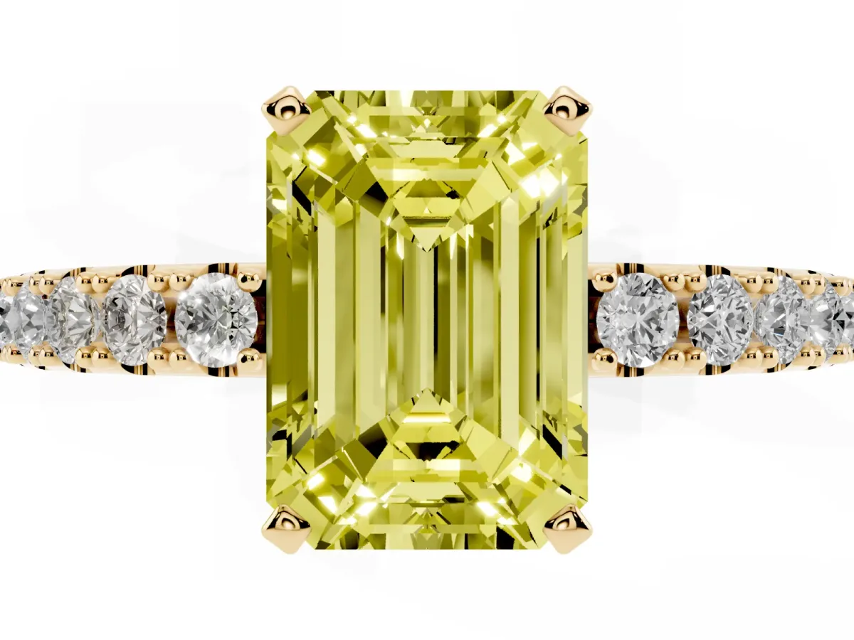 Fancy Yellow Emerald Cut Diamond Solitaire Pavé Band with Four-Prong Setting Yellow gold