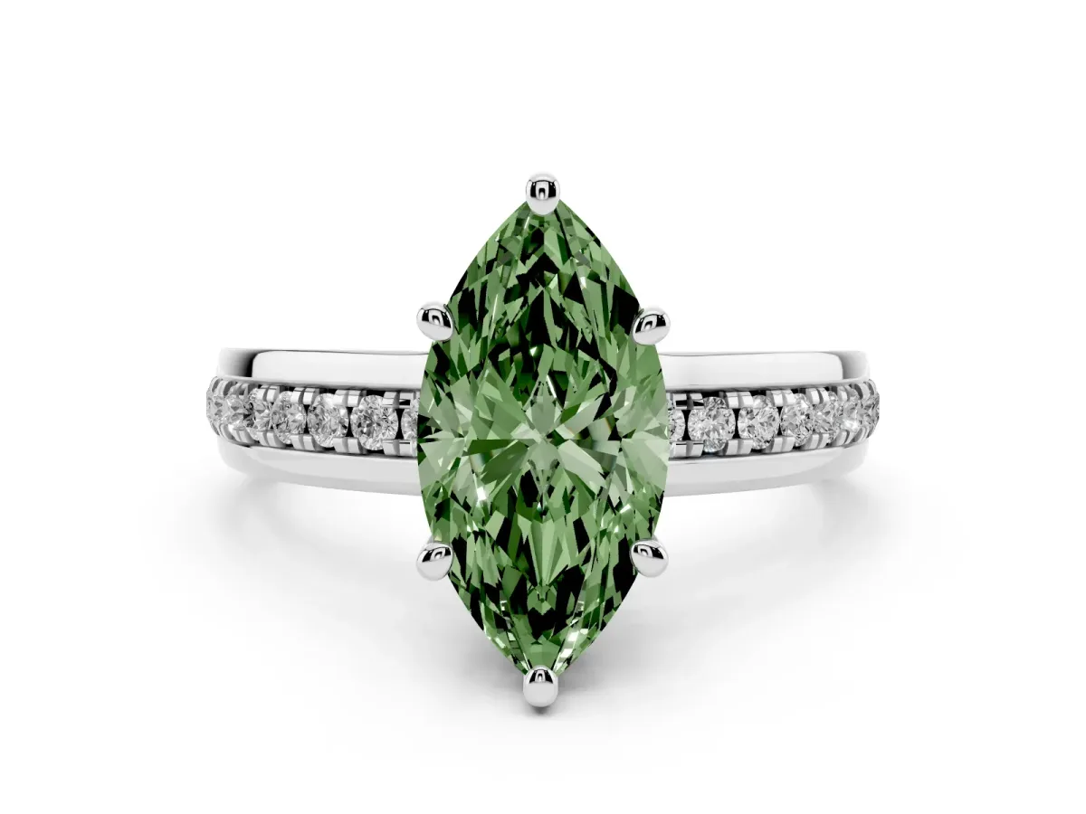 Fancy Green Marquise Cut Solitaire Diamond Ring with Channel Set Band and Six-Prong Setting Silver