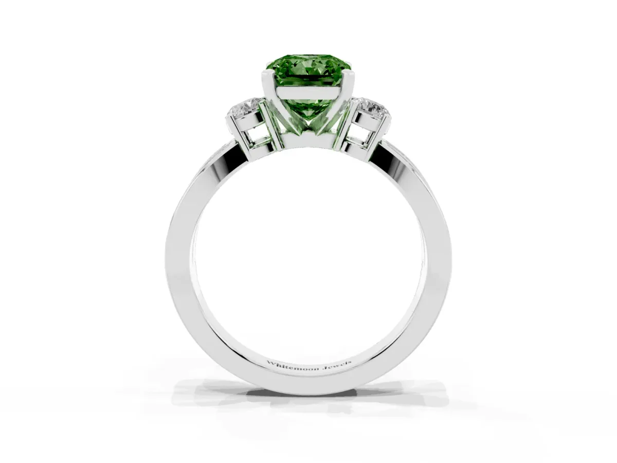 Fancy Green Three-Stone Radiant Cut Cut Diamond Twist Band with Prong Setting Silver