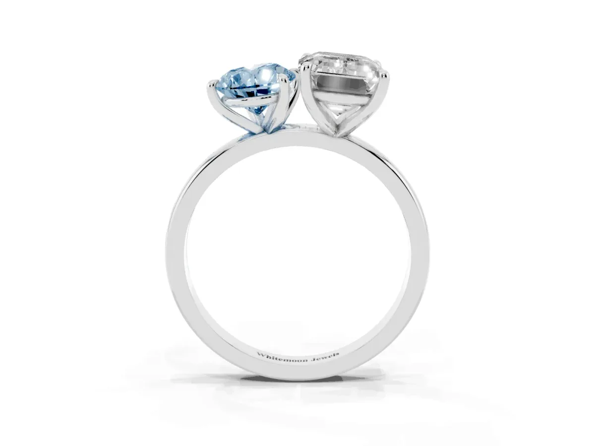 Fancy Blue Pear Cut and Emerald Cut Toi Moi Ring with Prong Setting Platinum