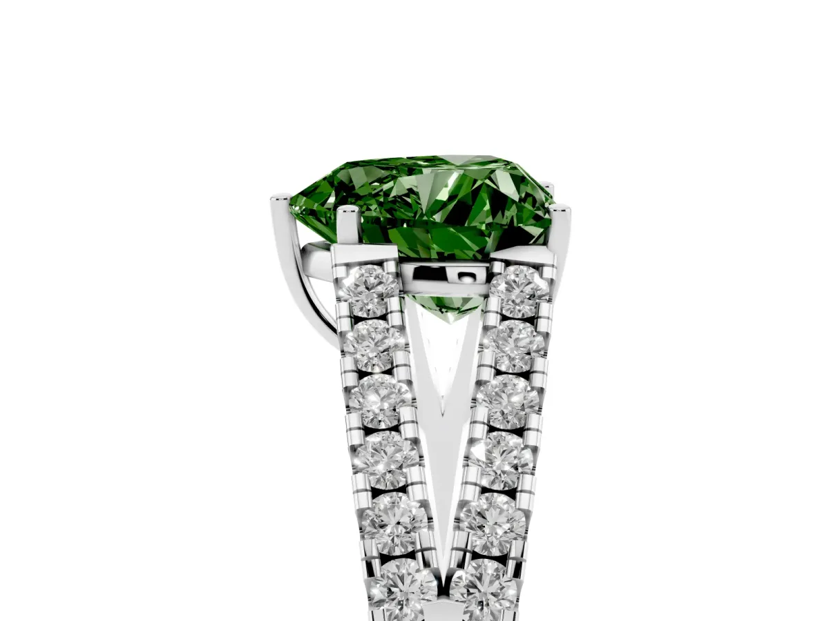 Fancy Green Heart Cut Diamond Split Shank Pavé Engagement Ring with Four-Prong Setting Platinum