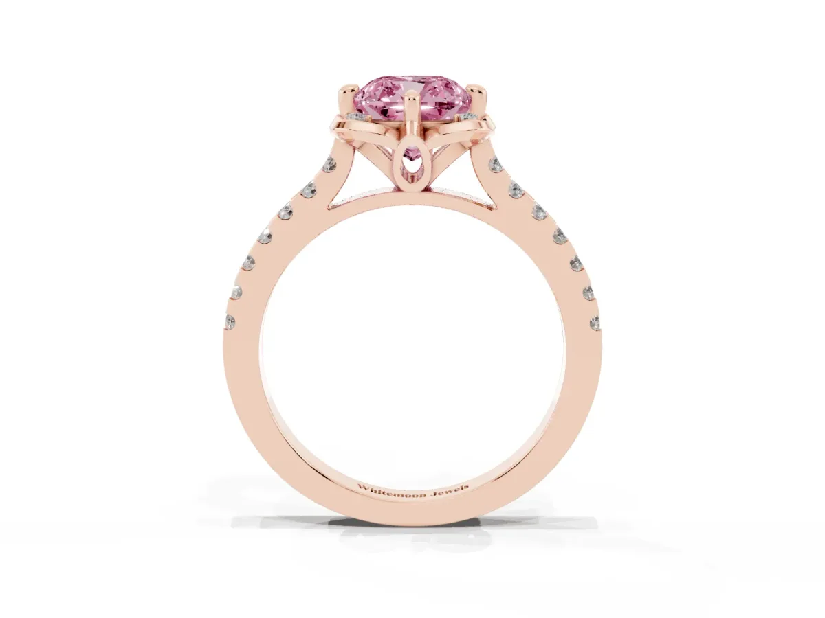 Fancy Pink Cushion Cut Diamond Ring with Pavé Band and Floral Prong Setting Rose gold