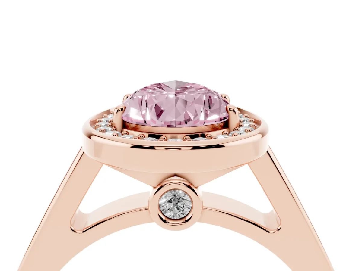 Fancy Pink Pear Cut Halo Solitaire Diamond Ring with Pave Band and Bezel Setting Rose gold