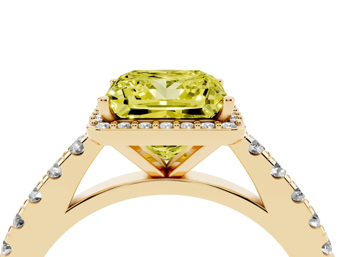 Fancy Yellow Princess Cut Cut Halo Diamond Engagement Ring with Pave Band and Four-Prong Setting Yellow gold