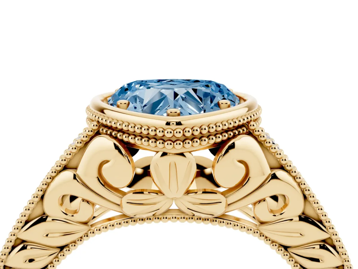 Fancy Blue Bezel Set Heart Cut Diamond Milgrain Pave Engagement Ring Yellow gold