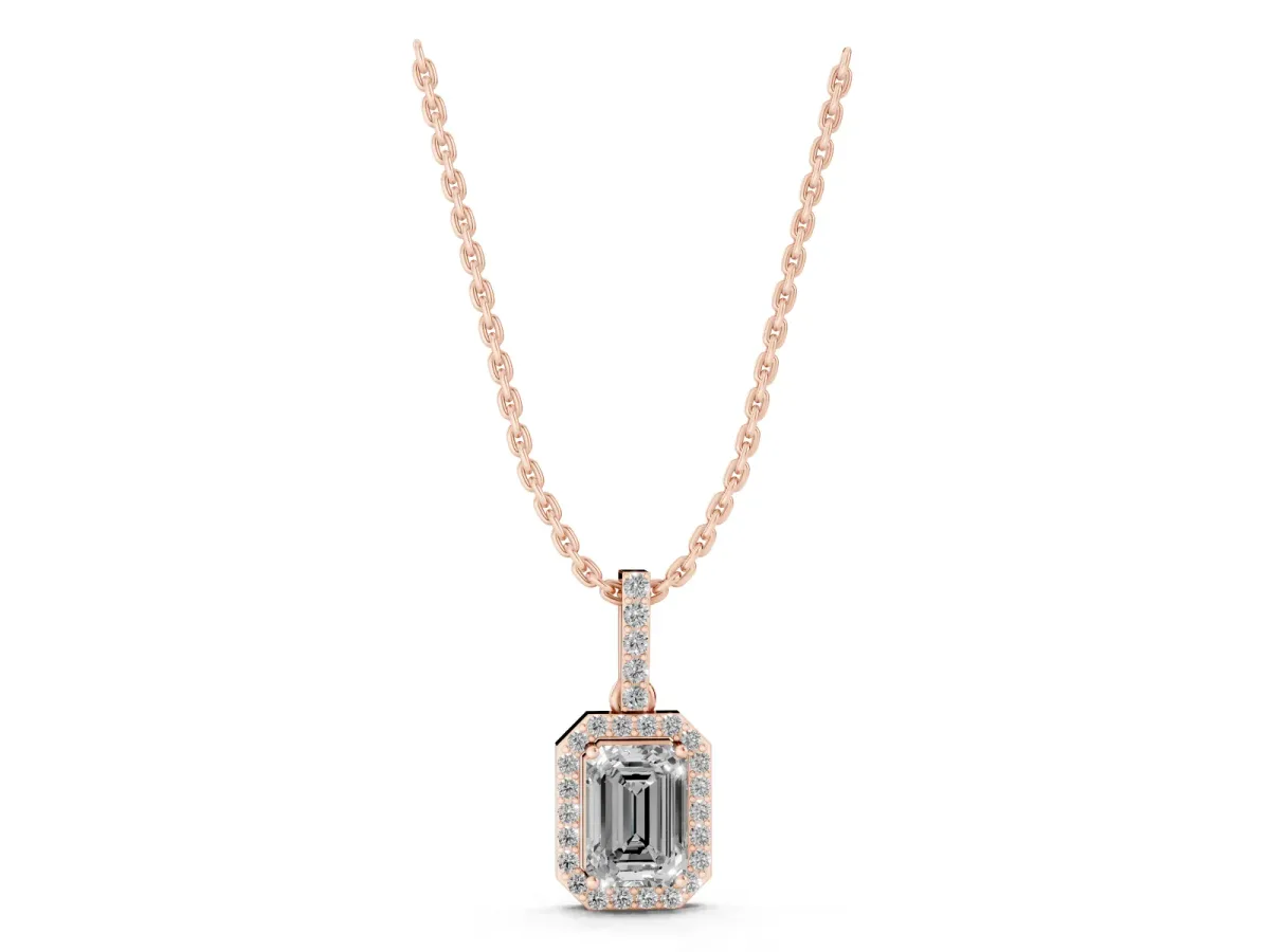 Emerald Cut Halo Diamond Pendant with Prong Setting Rose gold