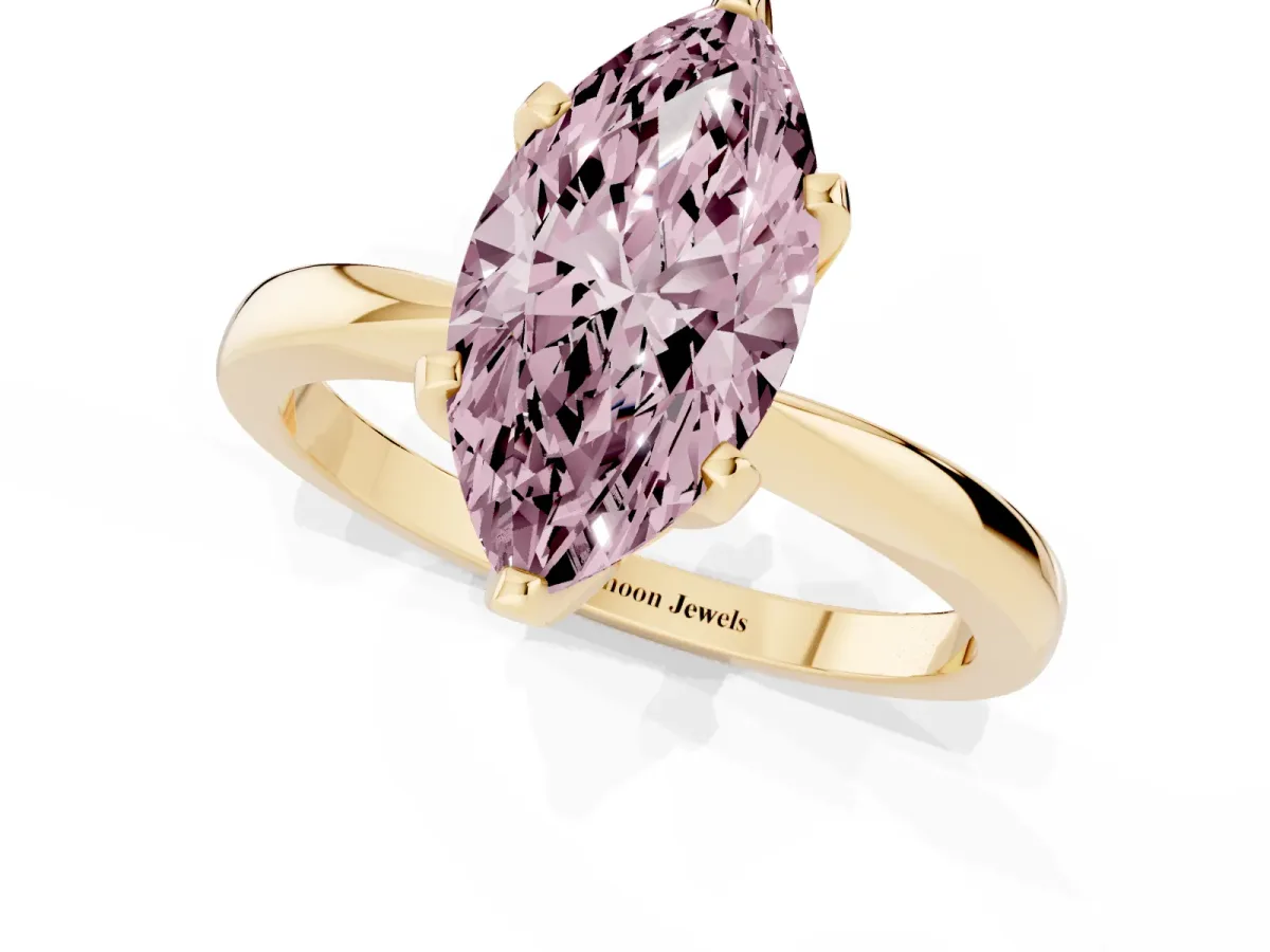 Fancy Pink Marquise Cut Solitaire Engagement Ring with Six-Prong Setting and Tapered Band Yellow gold
