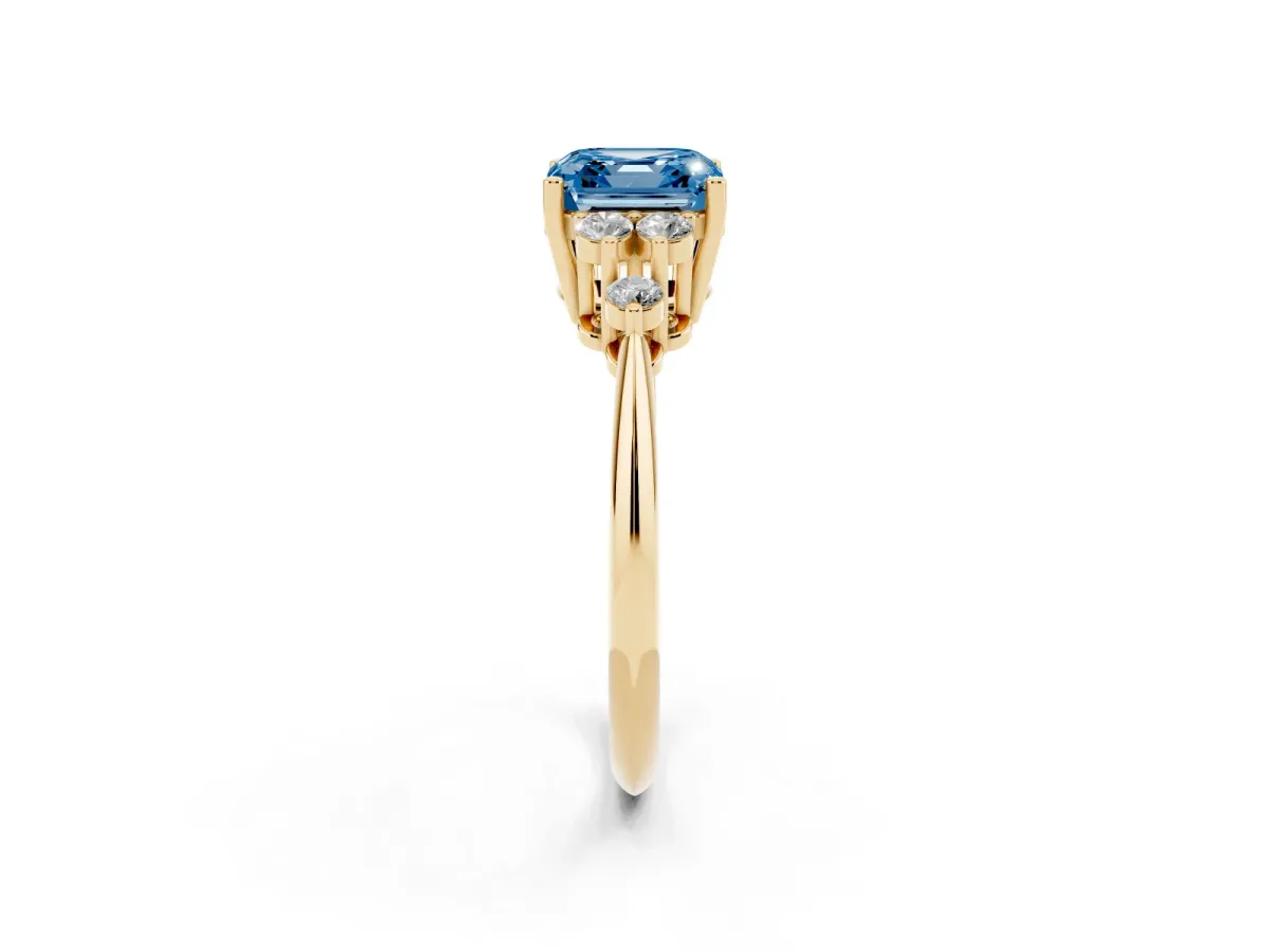 Fancy Blue Asscher Cut Cut Diamond Cluster Ring with Solitaire Band and Four-Prong Setting Yellow gold