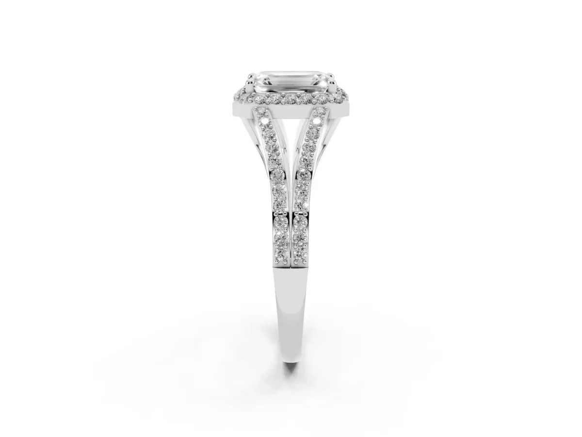 Emerald Cut Halo Split Shank Pave Diamond Ring with Four-Prong Setting Silver