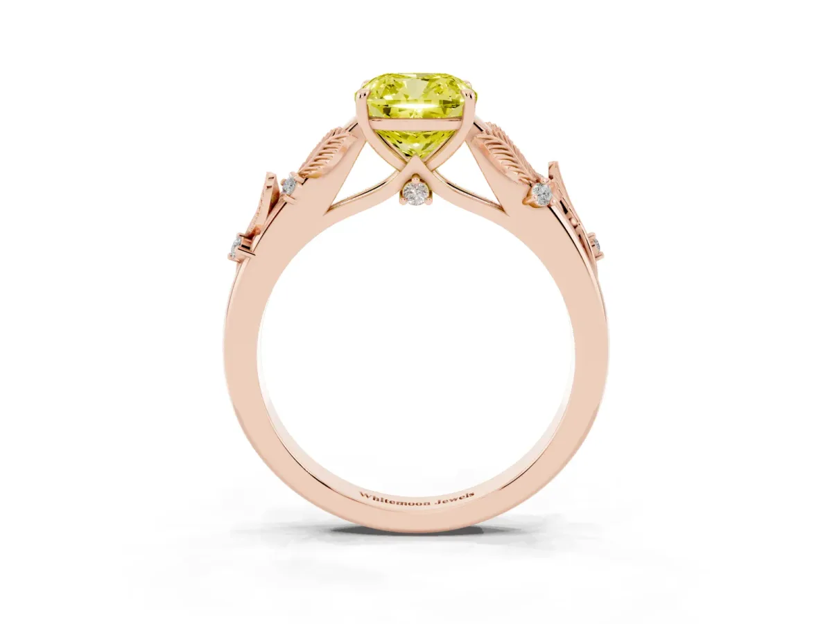 Fancy Yellow Cushion Cut Diamond Solitaire Ring with Leaf Motif Band and Four-Prong Setting Rose gold