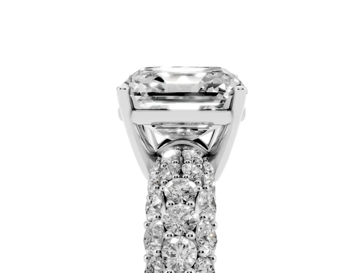 Asscher Cut Diamond Pavé Band Solitaire Ring with Four-Prong Setting Silver