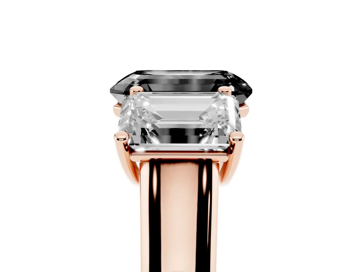 Fancy Black Emerald Cut Three-Stone Diamond Ring with Prong Setting on a Classic Band Rose gold