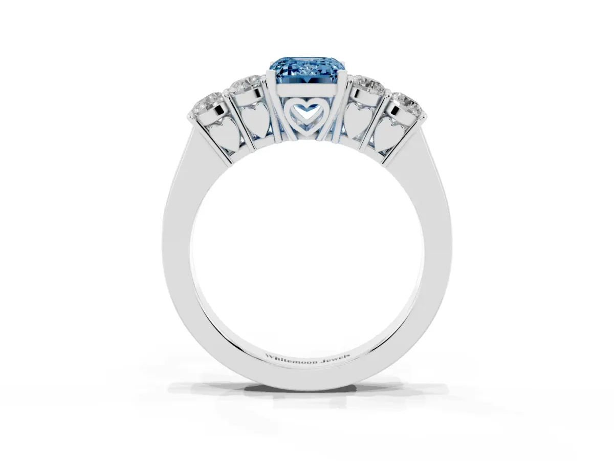 Fancy Blue Emerald Cut Cut Diamond Five-Stone Prong Set White Gold Ring Platinum