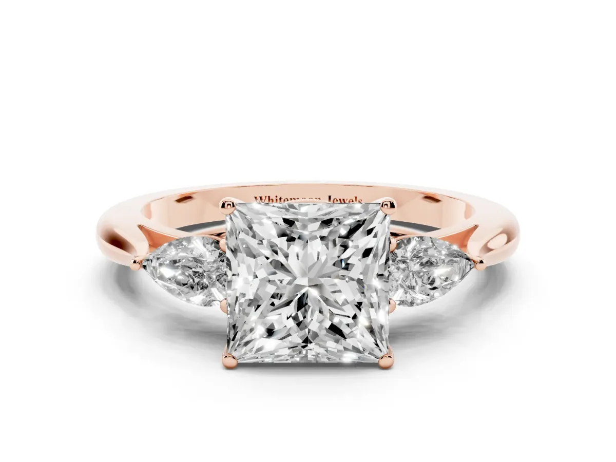 Princess Cut Diamond Three-Stone Ring with Pear Side Stones and Prong Setting Rose gold