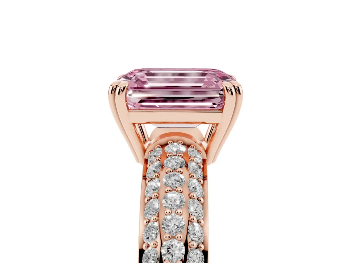 Fancy Pink Emerald Cut Diamond Solitaire Ring with Multi-Row Round Pavé Band and Prong Setting Rose gold
