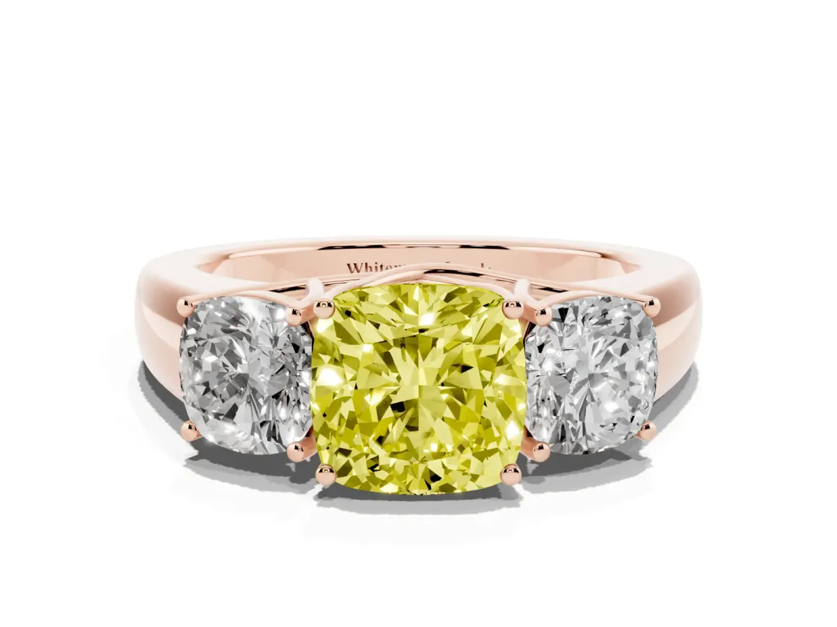 Fancy Yellow Three-Stone Cushion Cut Cut Diamond Ring with Prong Setting and Classic Band Rose gold