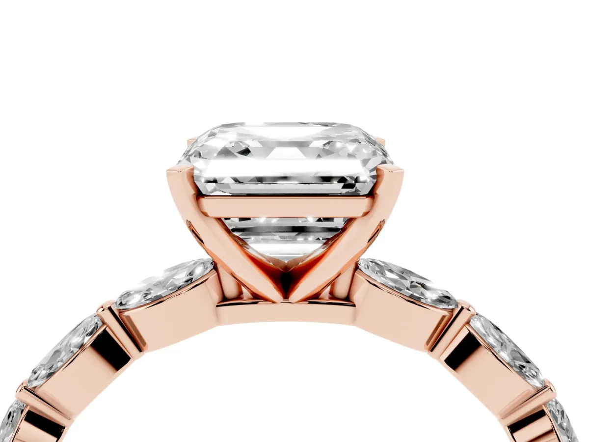 Asscher Cut Diamond Ring with Marquise Side Stones and Prong Setting Rose gold