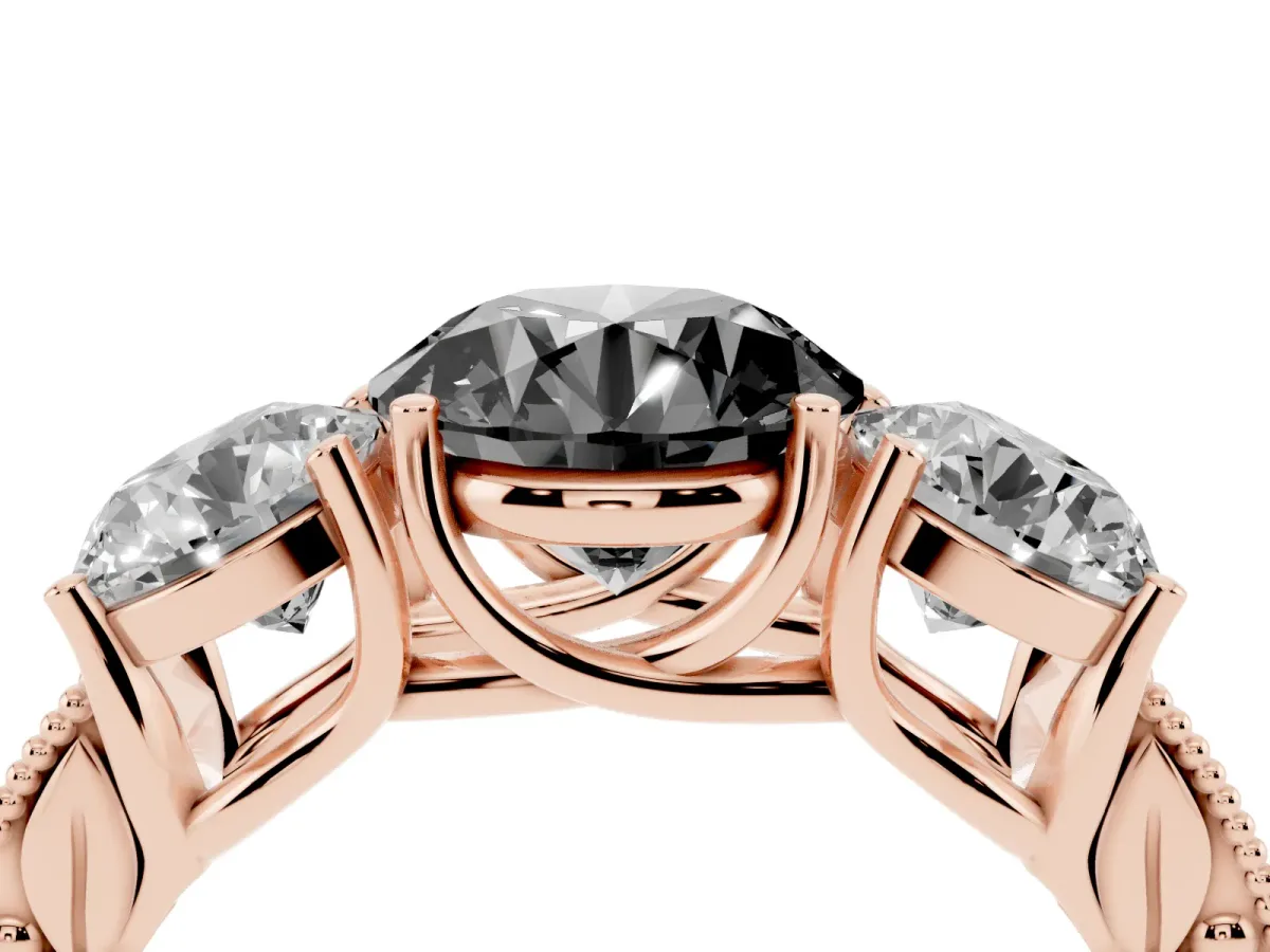 Fancy Black Three-Stone Round Cut Cut Milgrain Pavé Engagement Ring Rose gold