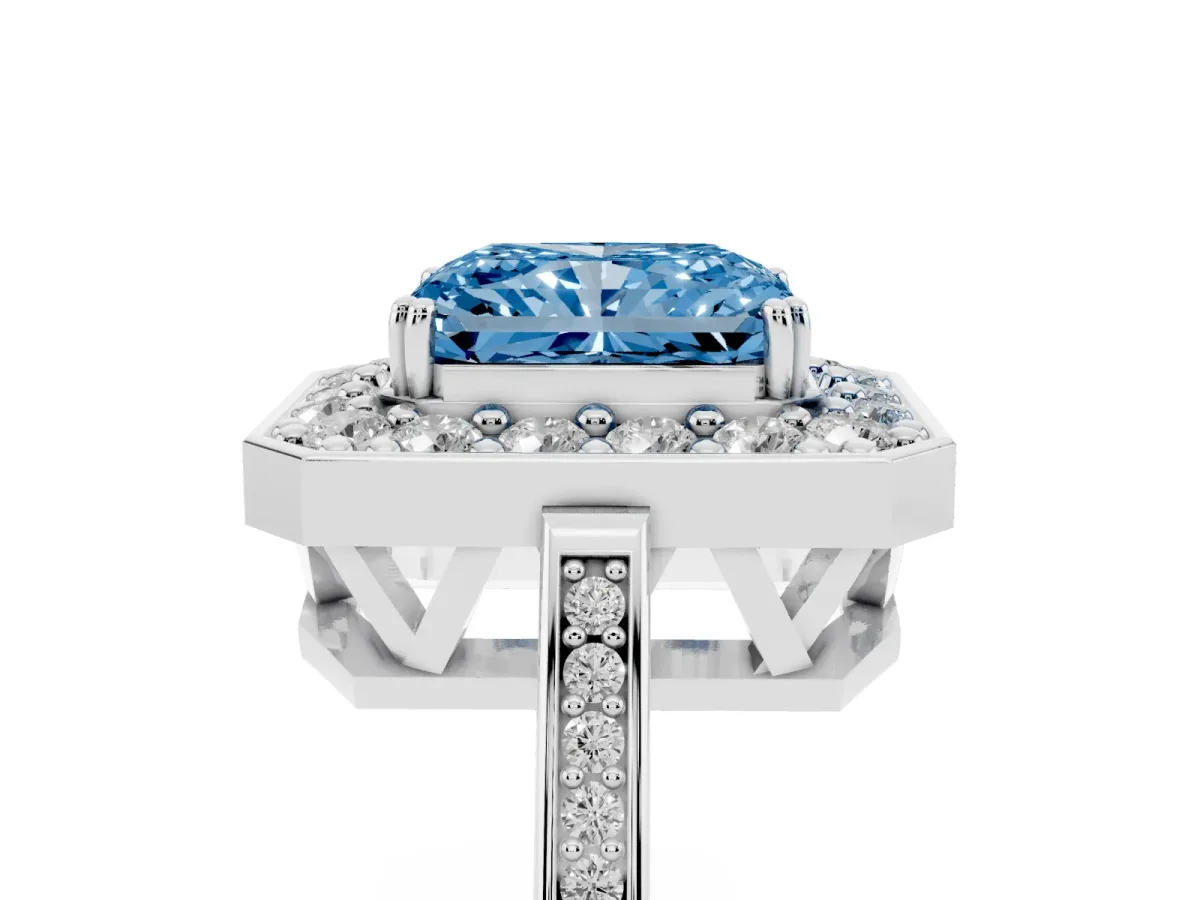 Fancy Blue Radiant Cut Diamond Halo Ring with Split Shank and Four-Prong Setting Platinum