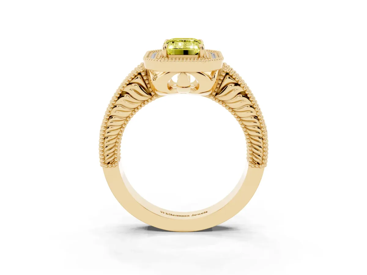 Fancy Yellow Emerald Cut Cut Halo Diamond Ring with Pavé Band and Four-Prong Setting Yellow gold