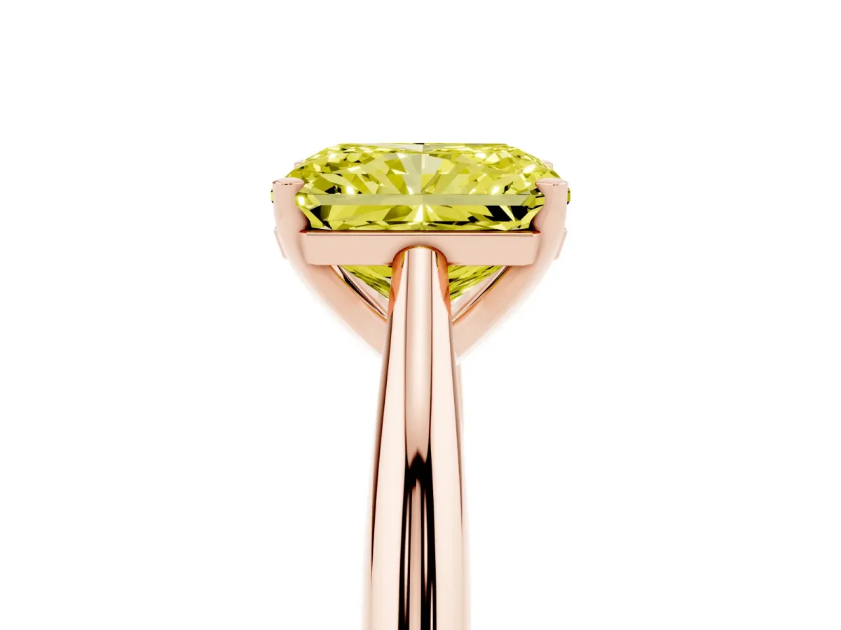 Fancy Yellow Radiant Cut Diamond Solitaire Engagement Ring with Cathedral Setting and Four-Prong Mount Rose gold