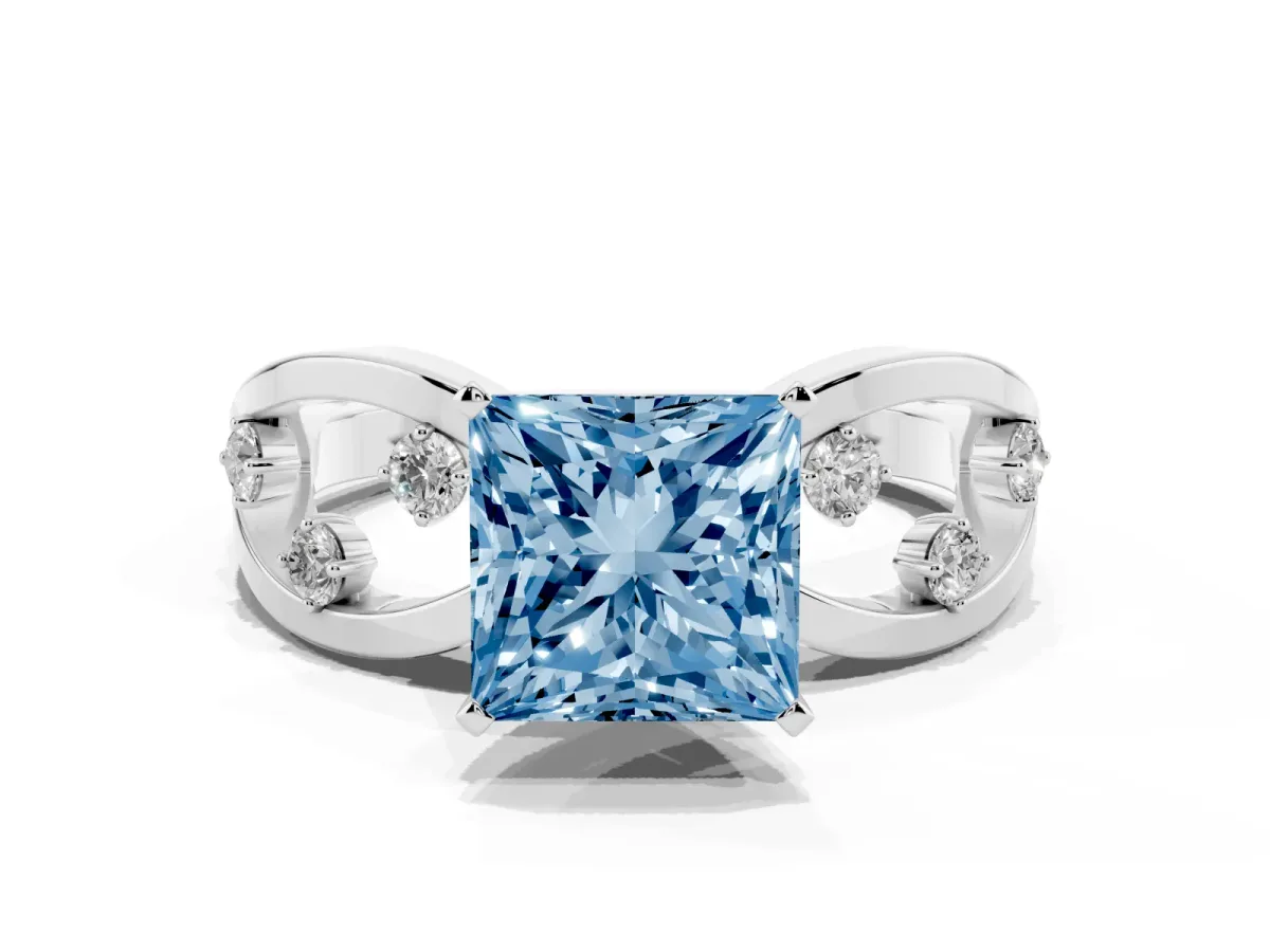 Fancy Blue Princess Cut Cut Solitaire Diamond with Side Stones on Criss-Cross Band and Four-Prong Setting White gold