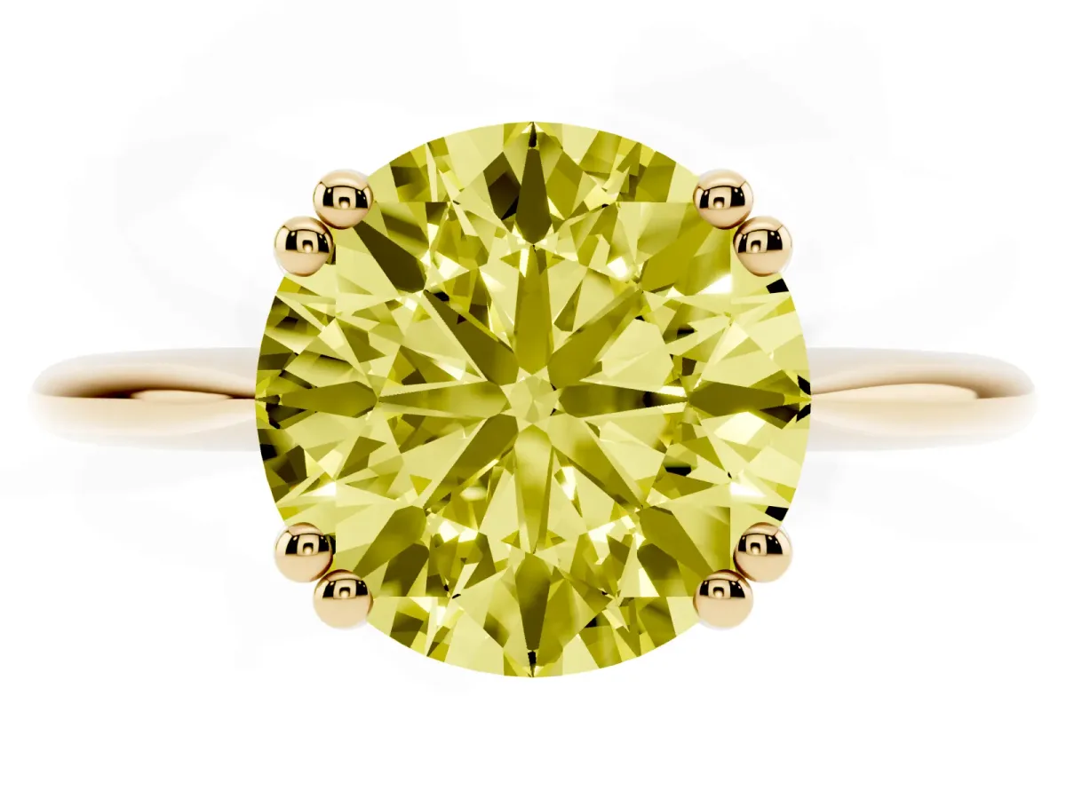 Fancy Yellow Round Cut Solitaire Diamond Ring with Six-Prong Setting and Classic Band Yellow gold