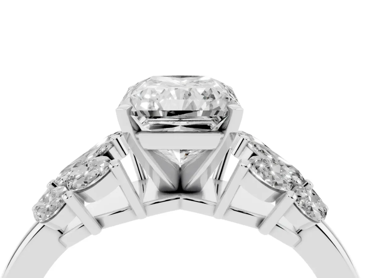 Radiant Cut Diamond Cluster Leaf Design Ring with Prong Setting Silver