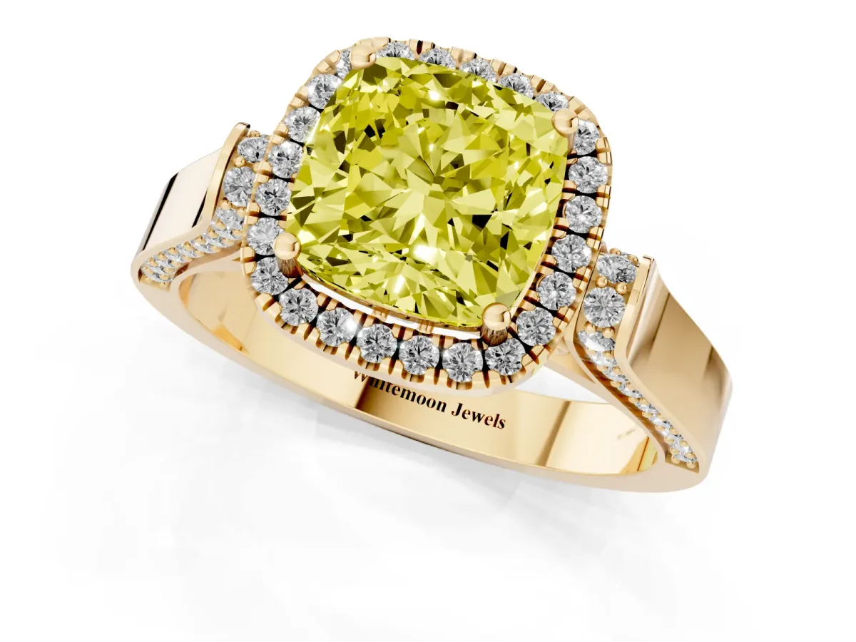 Fancy Yellow Cushion Cut Halo Pave Split Shank Prong Setting Ring Yellow gold