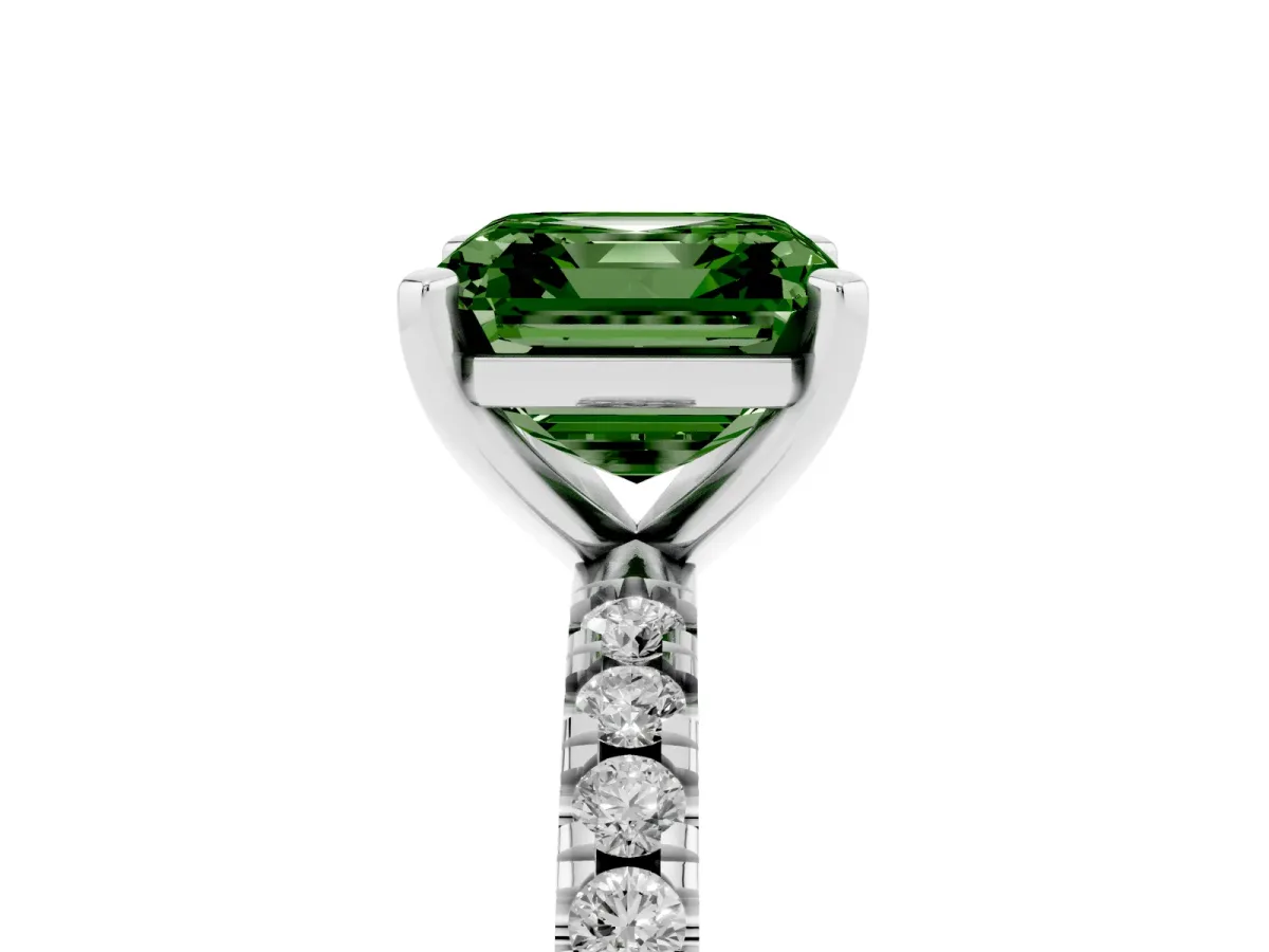 Fancy Green Asscher Cut Diamond Pavé Band Solitaire with Four-Prong Setting Silver