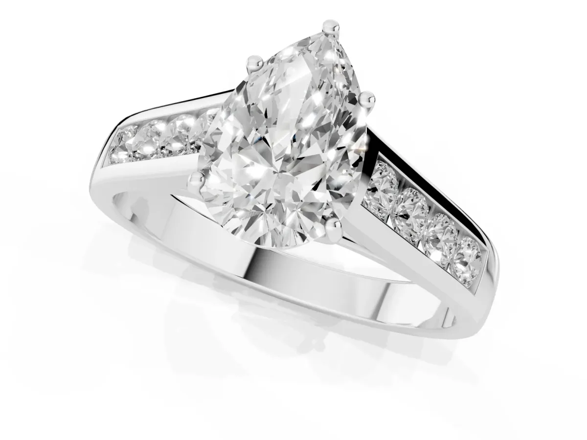 Pear Cut Solitaire Channel-Set Diamond Engagement Ring with Four-Prong Setting Platinum