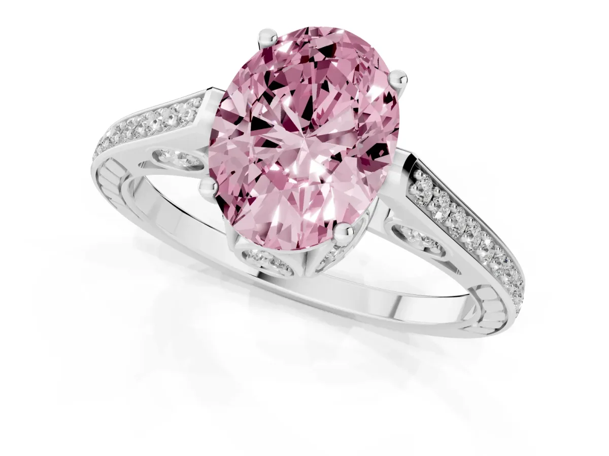 Fancy Pink Oval Cut Cut Cathedral Pave Diamond Engagement Ring with Six-Prong Setting Silver