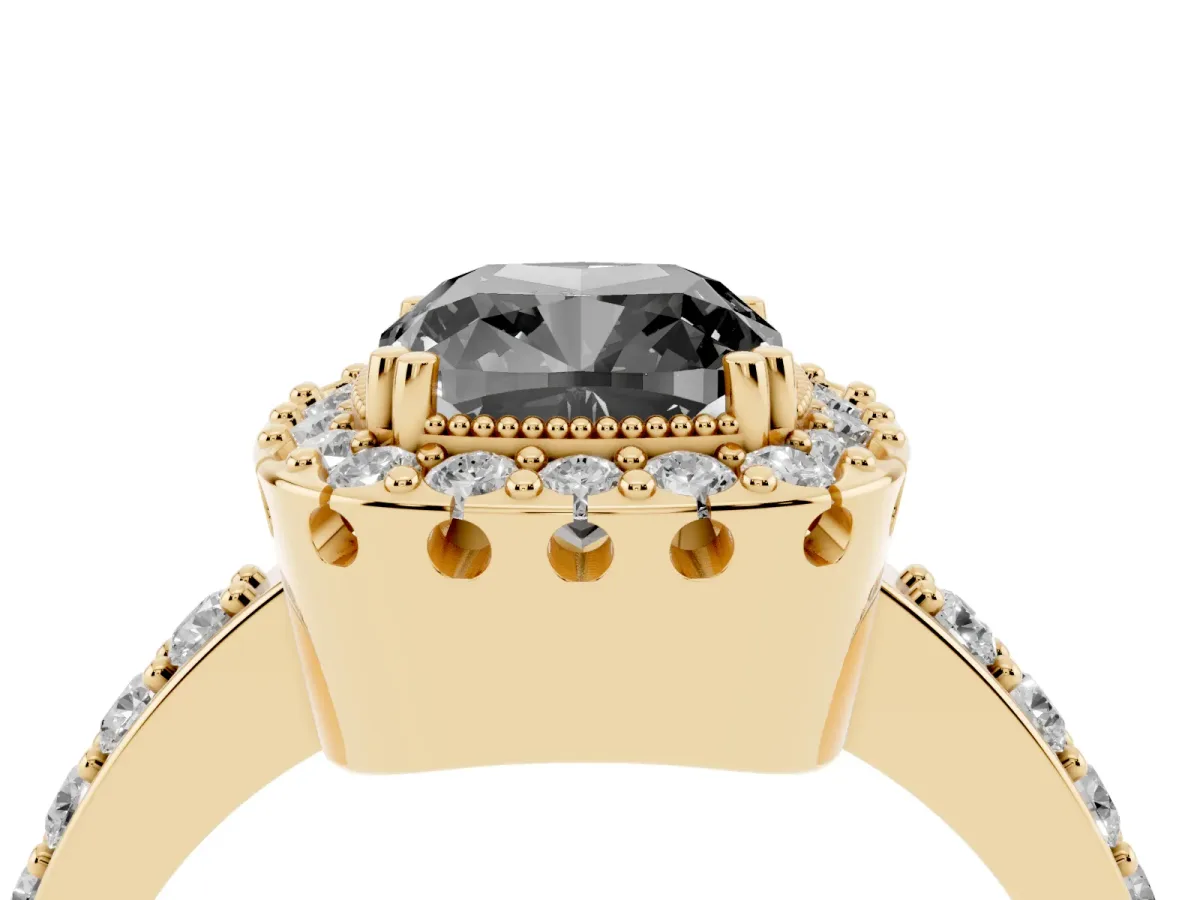 Fancy Black Cushion Cut Diamond Halo Ring with Pavé Band and Prong Setting Yellow gold