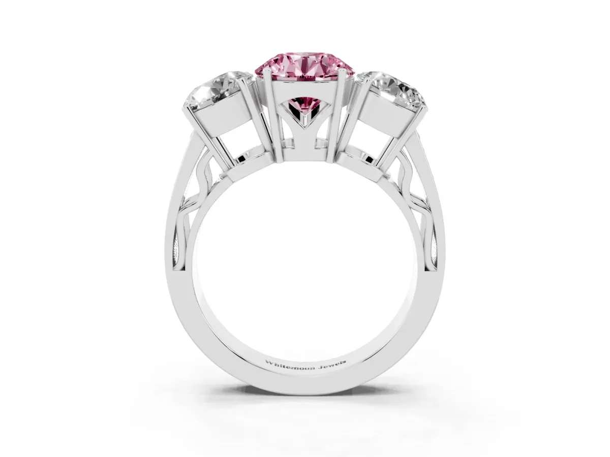 Fancy Pink Round Cut Diamond Three-Stone Ring with Prong Setting and Textured Band Platinum