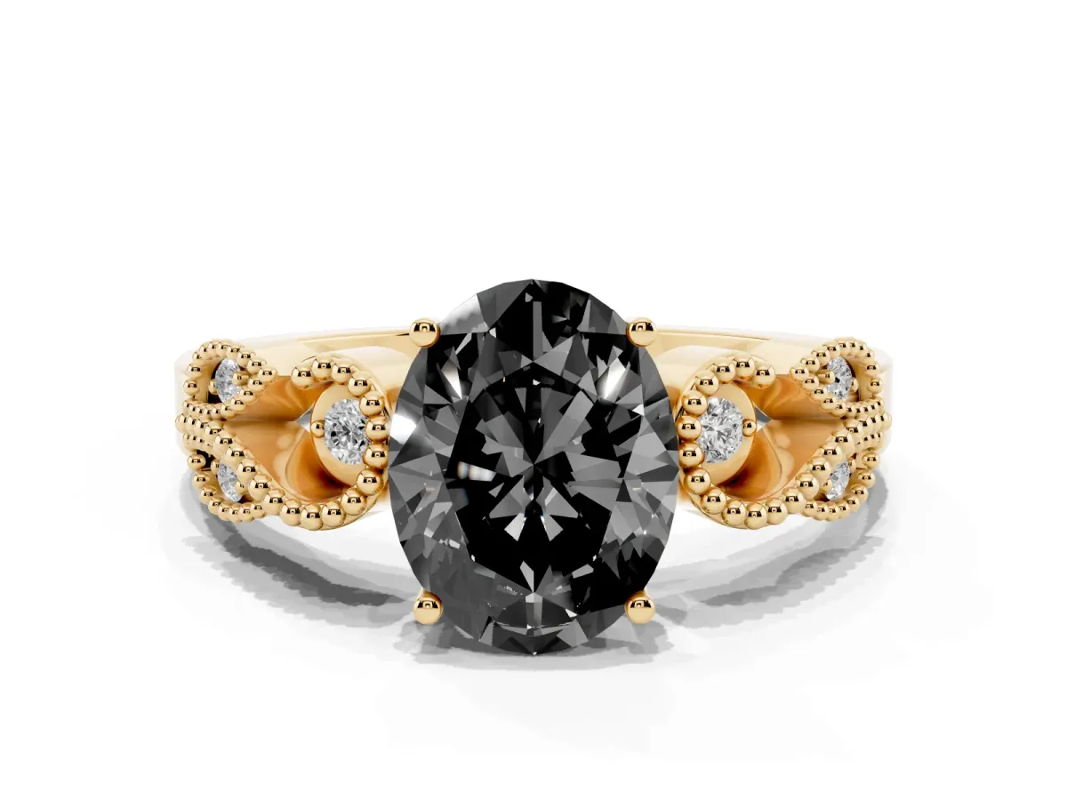 Fancy Black Oval Cut Solitaire Milgrain Leaf Band with Prong Setting Yellow gold