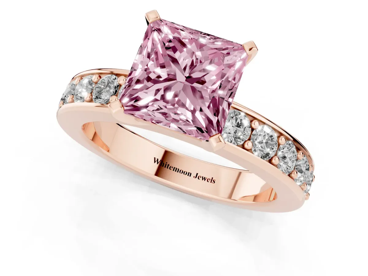 Fancy Pink Princess Cut Diamond Engagement Ring with Channel Set Round Band and Prong Setting Rose gold