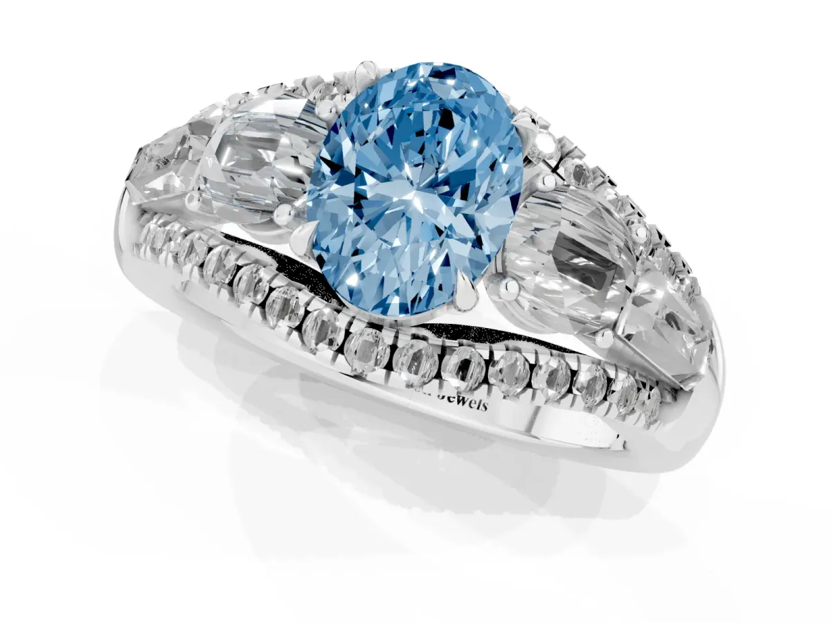 Fancy Blue Three-Stone Oval Cut Diamond Engagement Ring with Pave Band and Prong Setting Silver
