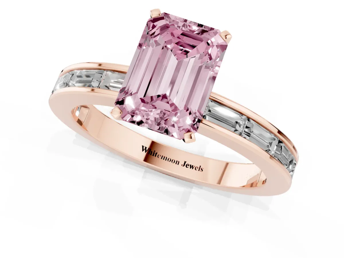 Fancy Pink Emerald Cut Solitaire Diamond Ring with Channel-Set Baguette Band and Four-Prong Setting Rose gold