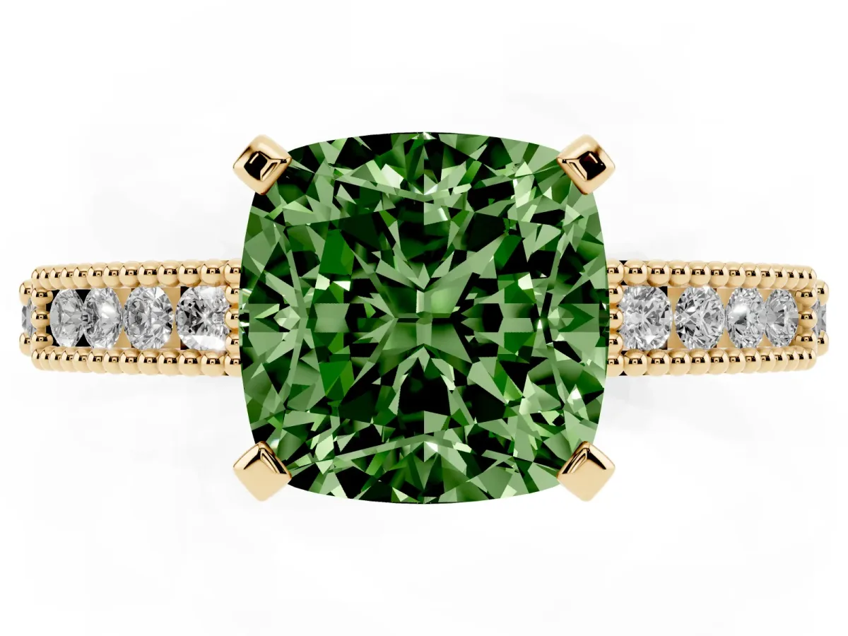 Fancy Green Cushion Cut Solitaire with Pavé Band and Four-Prong Setting Yellow gold