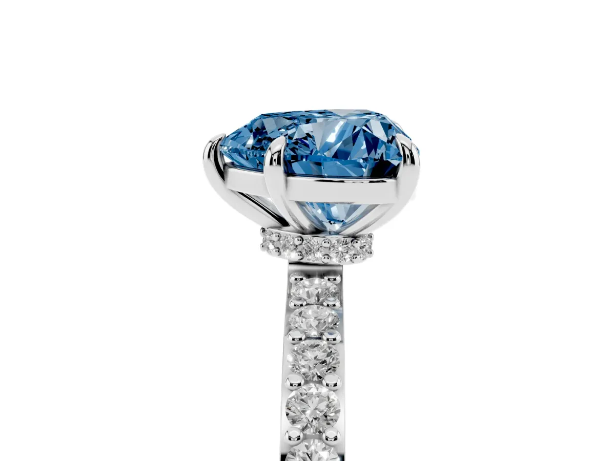 Fancy Blue Heart Cut Diamond Pavé Engagement Ring with Round Accents and Prong Setting Silver